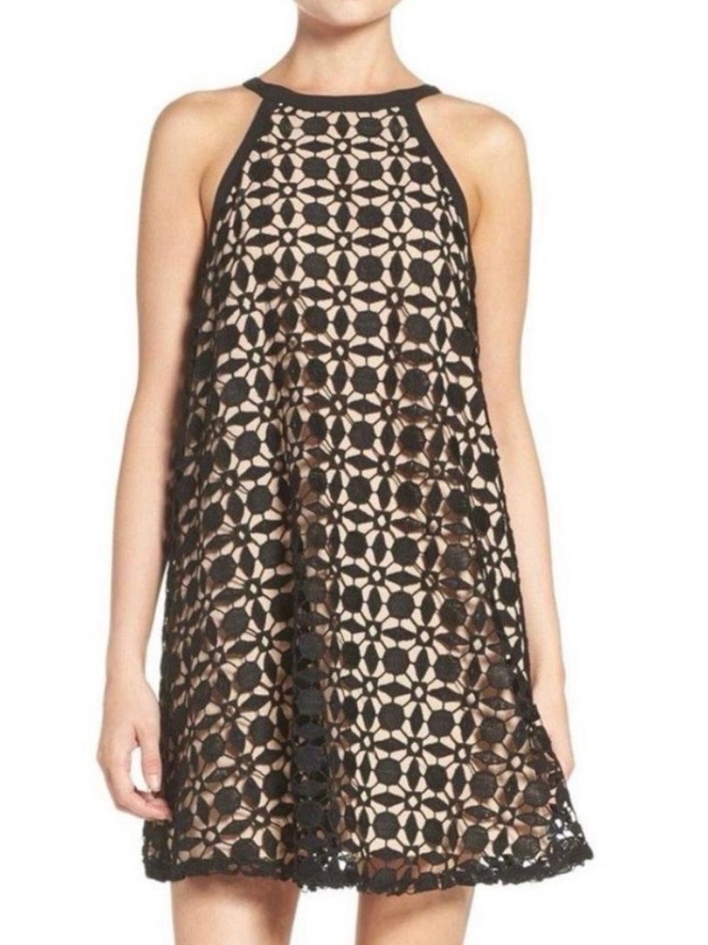 Chelsea28 Black Crocheted Halter Mini Dress —
Size Small
